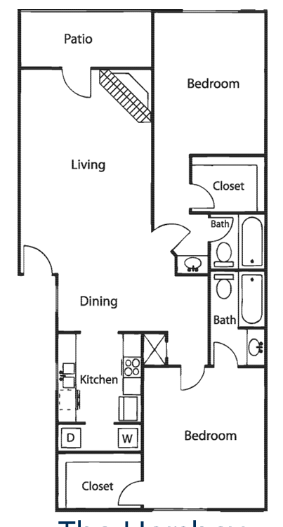 Floor plan for 2 beds, 2 baths, 1000 sqft